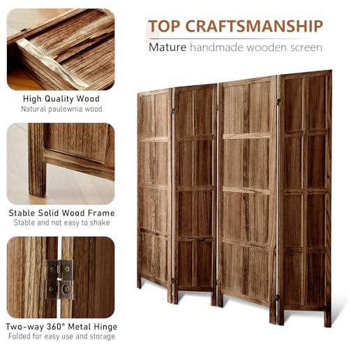 Wood Room Divider 4 Panel, 5.6 FT Tall Folding Privacy Screen, Retro White K4688