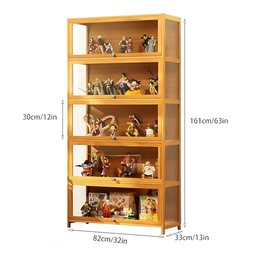 68" Curio Display Cabinet, 5 Tier Bamboo Storage with Acrylic Glass Door O367907