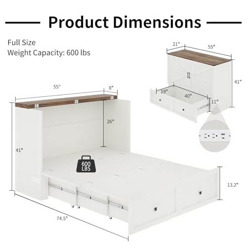 Full Size Murphy Bed with Charging Station and Storage Drawer, White X622658
