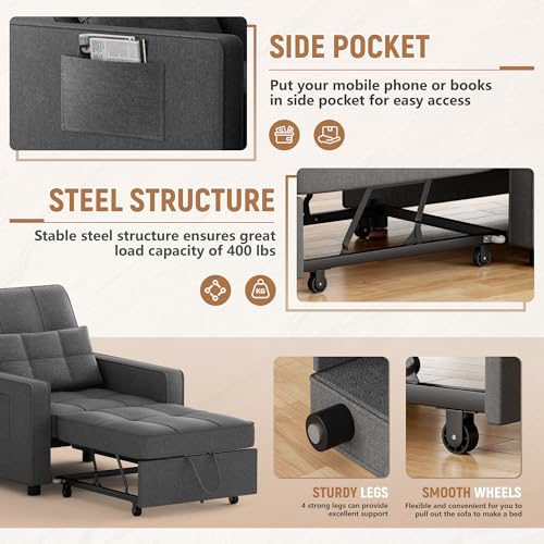 Flamaker Sofa Bed 3-in-1 Adjustable Couch Bed with Modern Linen Fabric, Dark Grey X725