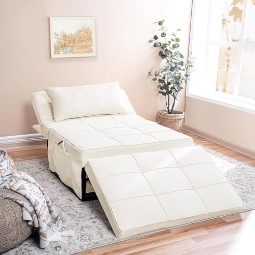 Sleeper Chair Bed, 4 In 1 Multi-Function Convertible Ottoman Bed, Breathable Linen Bed Chair, Convertible Sofa Bed with Adjustable Backrest, Modern Convertible Chair Bed Sleeper for Living Room, White