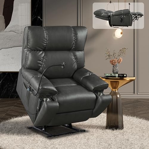 2 Motor Lay Flat Recliner Chair with Adjustable Phone Holder, Power Lift Assist Recliner with Cup Holder, Oversized Leather Sleeping Arm Chair, Massage Heating Home Theater Recliner (Brown)