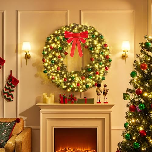 Yaheetech 48in Pre-lit Artificial Christmas Wreath with Red Bow, 200 LED Lights Y257427
