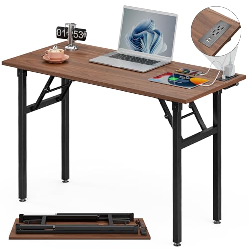 TEMI Folding Desk with USB & Socket 31.5", Computer Desk with Outlet for Home Office, Folding Table for Bedroom, Office Desk for Small Space, Small Desk with Black Frame, Rustic Brown
