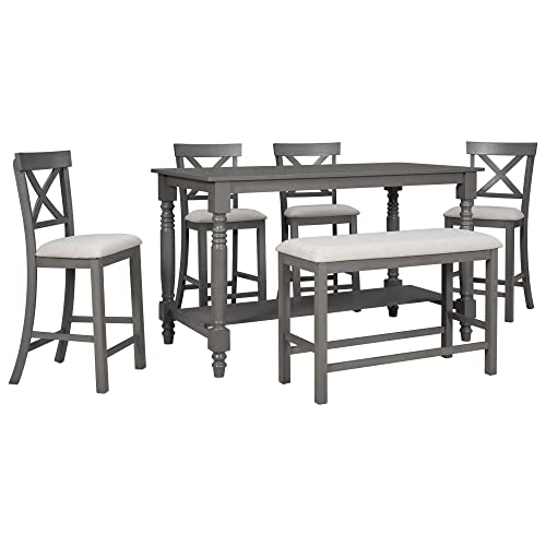 UBGO 6-Piece Counter Height Dining Table with Shelf, 4 Chairs and Bench, Gray C357