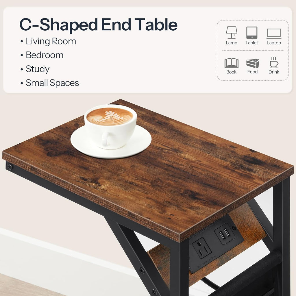 HOOBRO C-Shaped End Table with Charging Station, Metal Frame, Rustic Brown and Black M645406