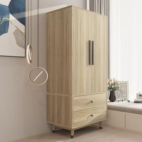4 Door Armoire Wardrobe with 2 Drawers, Adjustable Shelves and Hanging Rod, Oak U53261