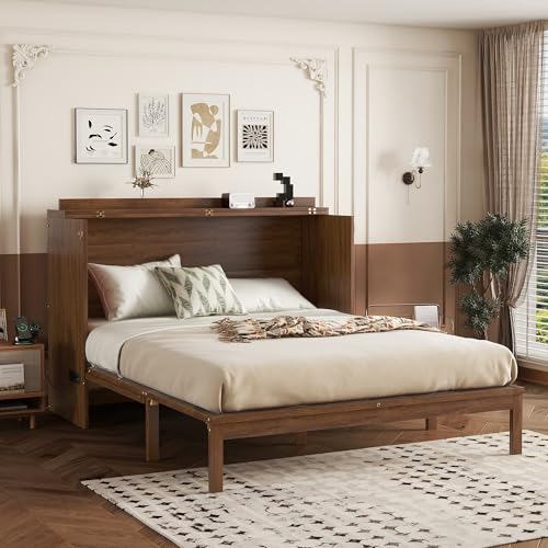 KEIKI Queen Murphy Bed Cabinet with Charging Station & Rattan Design S457376