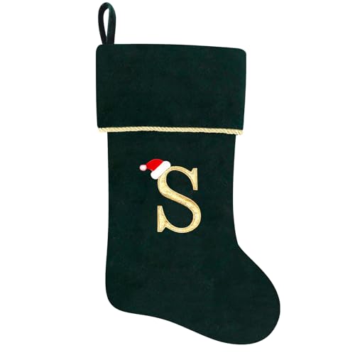 20 Inches Initial Monogram Blue Velvet Christmas Stocking with Gold Trim U394