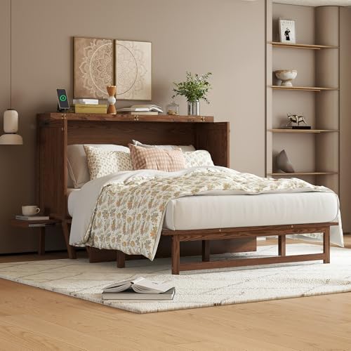 KEIKI Queen Size Murphy Bed with Charging Station and Drawer, Walnut B45816