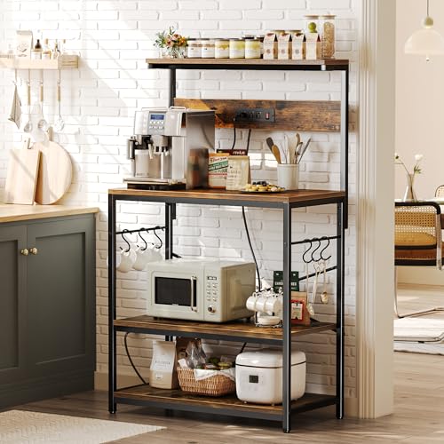 SUPERJARE Kitchen Bakers Rack with Power Outlet, Coffee Bar Table, Rustic Brown W637
