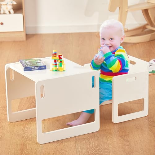 FUNLIO Height Adjustable Toddler Table and Chair Set for Age 1-3, Quality Solid Wood Montessori Table and Chair Set, Weaning Baby Table Chair Set, Easy to Assemble, CPC Certified - Pink