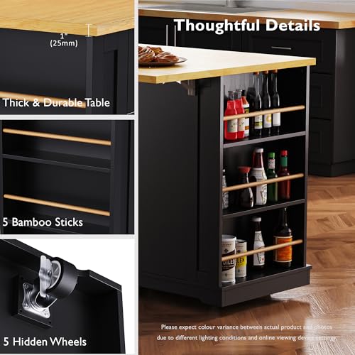 Ball & Cast 48" Kitchen Island with Power Outlet, Rolling Cart, Black H9509