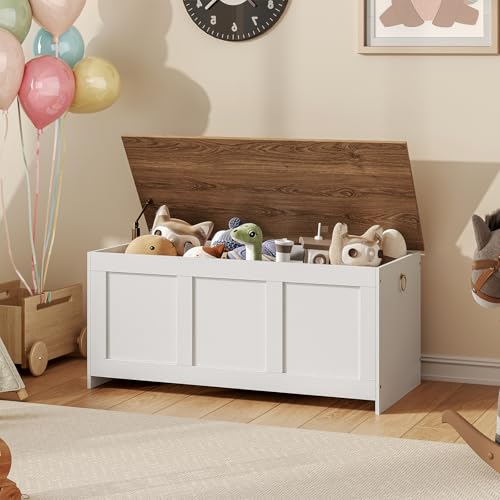HOOBRO Storage Bench, 39.3" Retro Wooden Chest with Lift Top, White and Walnut C2921