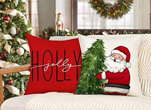 Red Christmas Pillow Covers 18x18 Set of 4 Farmhouse Snowman Santa Tree V263