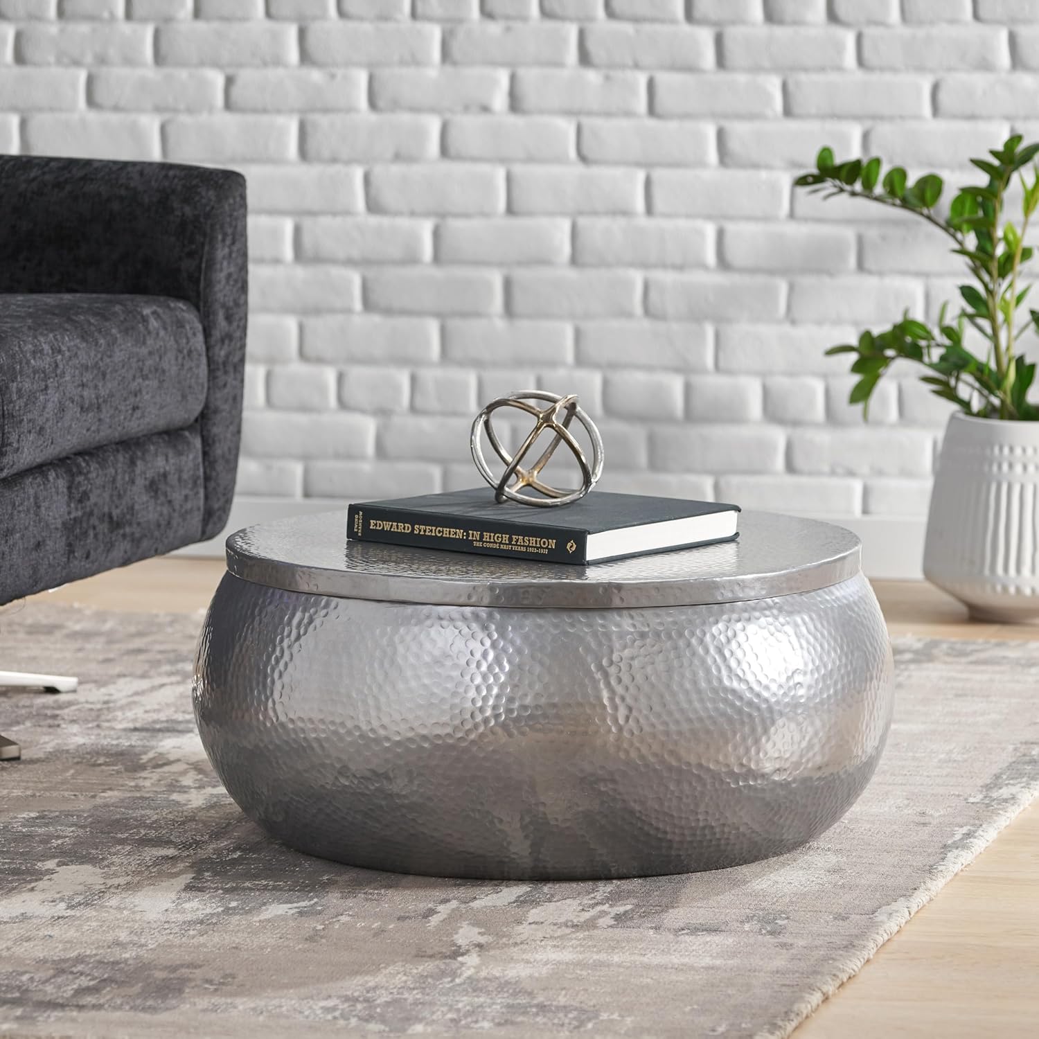 29" Modern Solid Aluminum Round Drum Coffee Table with Hammered Texturing D701707