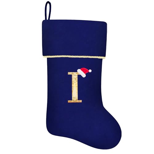 20 Inches Initial Monogram Blue Velvet Christmas Stocking with Gold Trim U394