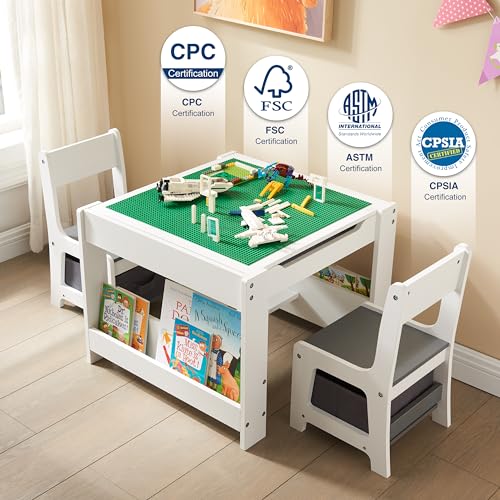 Kids Table and 2 Chair Set with Storage Drawer, White & Grey L956600