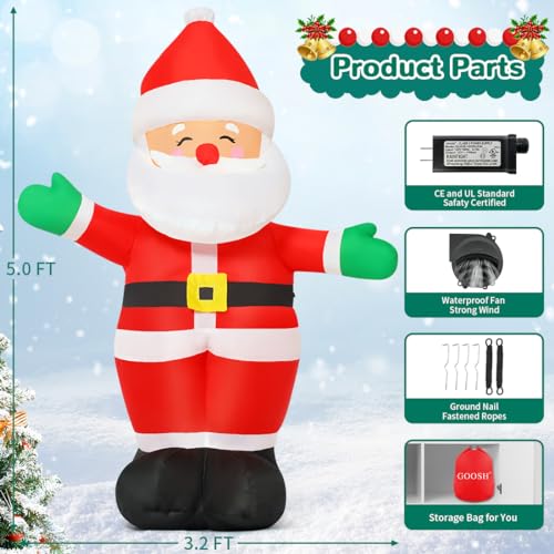 GOOSH 5 FT Christmas Inflatables Santa Claus with Built-in LEDs Outdoor Yard Decor Z935030