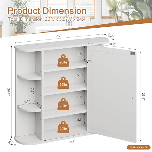 Meilocar Bathroom Mirror Cabinet Wall Mounted, White, 6 Open Shelves V3130