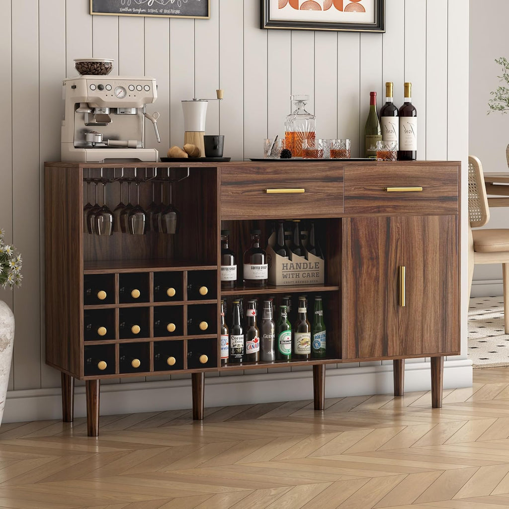 wanan 52" Rustic Wine Bar Cabinet, Industrial Coffee Cabinet for Liquor and Glasses, Liquor Cabinet with Storage for Home Kitchen Living Dining