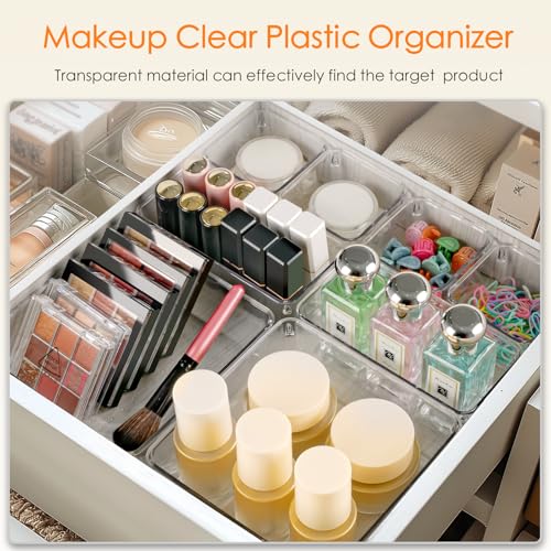 Criusia Drawer Organizer, 10 Pack Clear Plastic Storage Bins, 3 Sizes I166