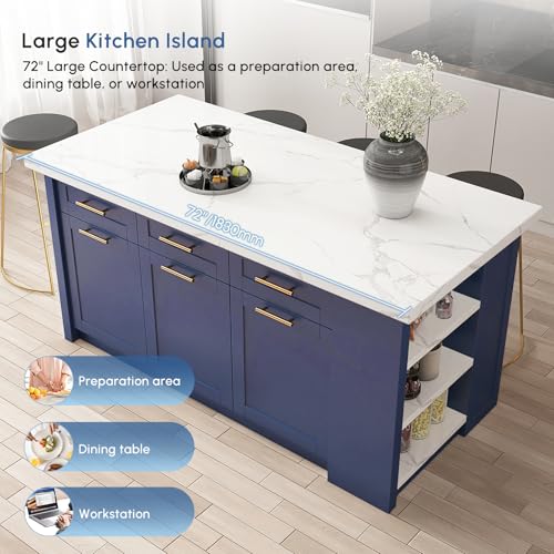 homary 72" Kitchen Island with Storage, White Dining Table with Seating & 3 Drawers H6352