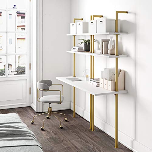 Nathan James Theo 2-Shelf Industrial Wall Mount Desk, White/Gold Brass S899841