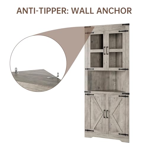 Farmhouse Corner Cabinet with Barn Door and Adjustable Shelves, White J266