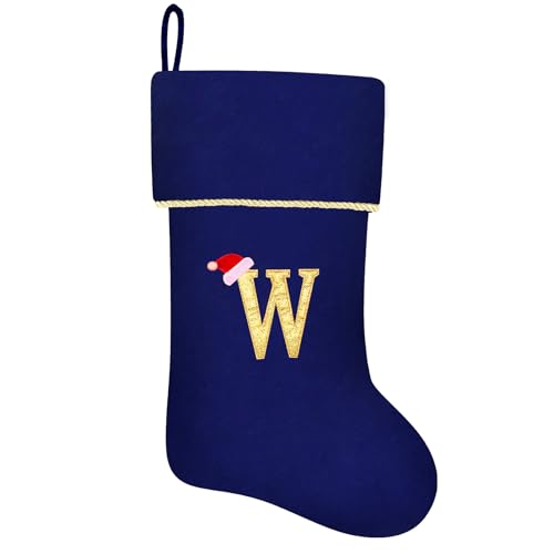 20 Inches Initial Monogram Blue Velvet Christmas Stocking with Gold Trim U394