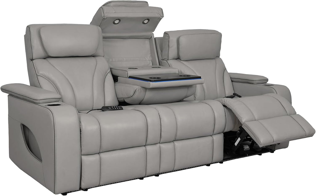 Armen Living Octavia Power Reclining Heated Massage Sofa, 86" Wide, Silver and Gray Leather M65396