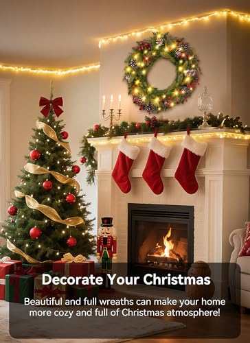 Brightown 24 Inch Pre-Lit Artificial Christmas Wreath with Pine Cones & Berries L37024