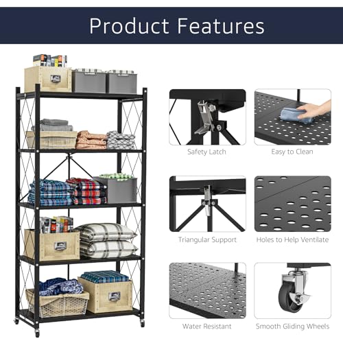 4-Tier Foldable Storage Shelf with Wheels, Metal Rolling Cart, Black J204857
