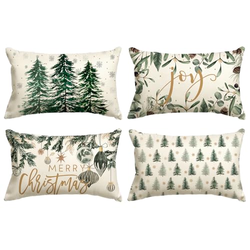 AVOIN colorlife Merry Christmas Trees Snowflake Throw Pillow Covers, 18 x 18 Inch Joy Xmas Balls Winter Holiday Cushion Case Decoration for Sofa Couch Set of 4