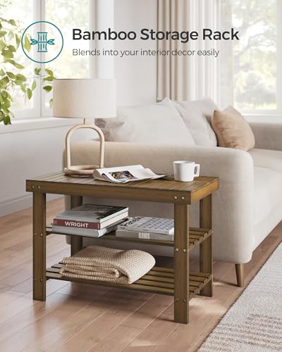 SONGMICS 3-Tier Bamboo Shoe Rack Bench, Entryway Storage, Ink Black X802