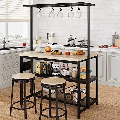 Kitchen Island with Storage, Bakers Rack with Power Outlet, 3 Tier Microwave Stand, Coffee Bar Table I24443