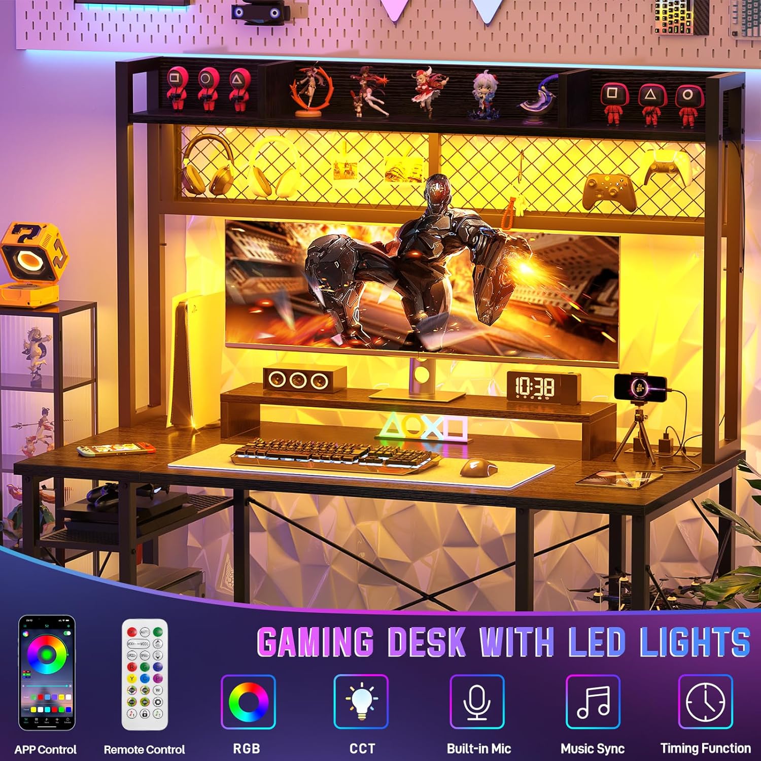 Gaming Desk with Hutch 47 Inch Computer Desk with LED Lights and Power Outlet, Black T635