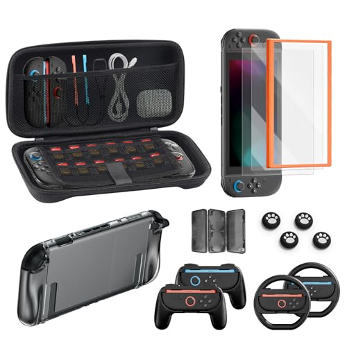 Switch 2 Accessories Bundle for Nintendo, 16 in 1 Game Kit: Carrying Case, Two Screen Protector with Alignment Frame, Steering Wheel for Mario Kart, Grip for joycon Controller Console Protective Cover