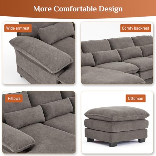 OUYESSIR 114" U-Shape Sectional Sofa with Ottoman & Pillows, Beige White K996625