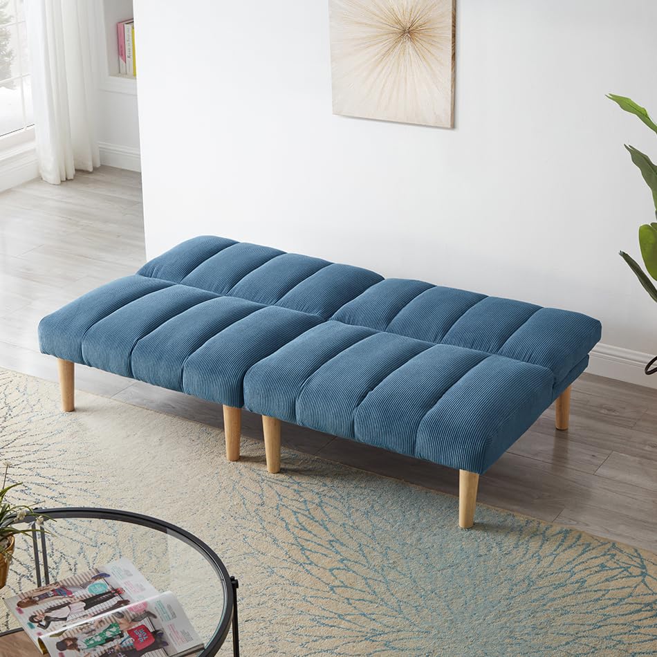 Majnesvon Modern Convertible Folding Sleeper Loveseat Sofa Couch, Corduroy, Blue Q971052
