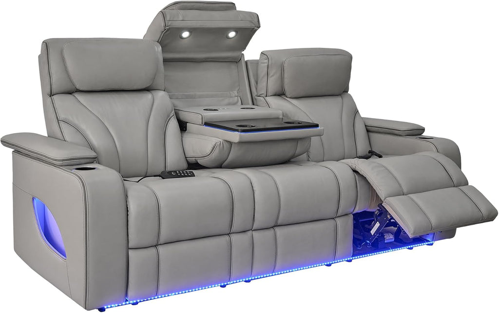 Armen Living Octavia Power Reclining Heated Massage Sofa, 86" Wide, Silver and Gray Leather M65396