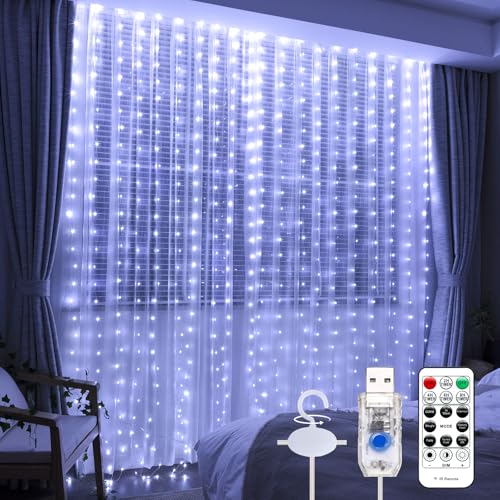 600LED Curtain Lights for Bedroom, Warm White, 8 Modes Y367582