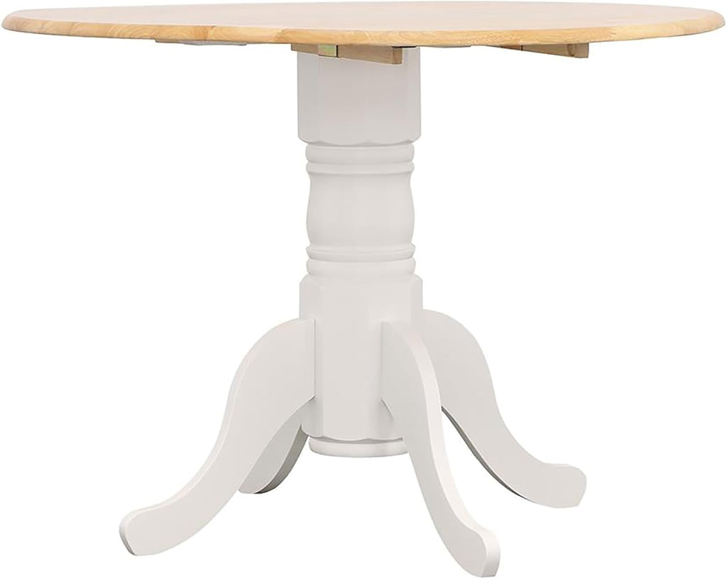 Natural Brown and White Round Dining Table with Drop Leaf