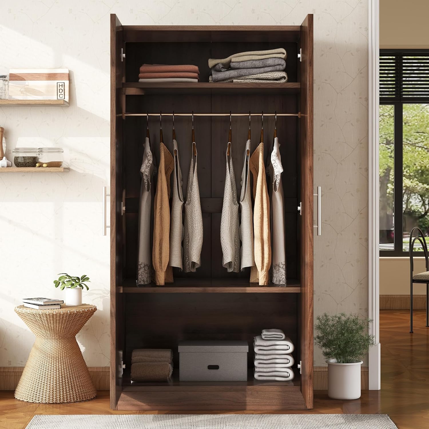 2-Door Wooden Wardrobe Armoire with 3 Storage Shelves F118250
