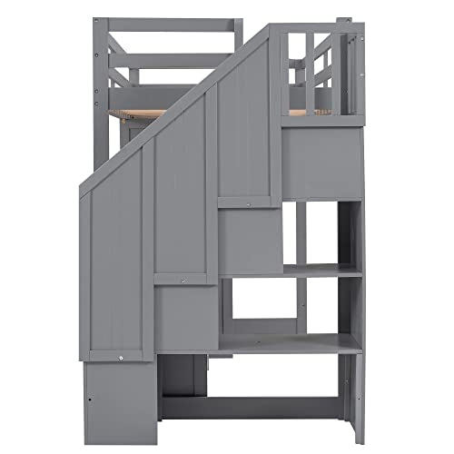 Harper & Bright Designs Twin Size Loft Bed with Desk and Stairs, Solid Wood, Espresso G152541