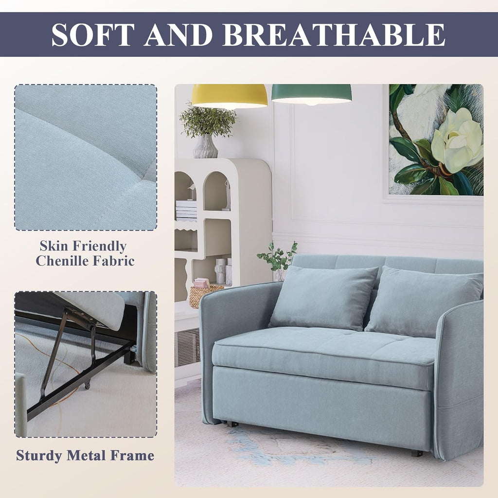 Chenille Fabric 3-in-1 Double Sofa Bed with Pull-Out Bed, Bluish Grey Q8445