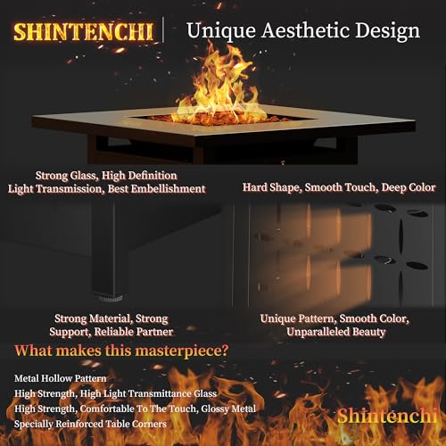 Shintenchi 28 Inch Propane Fire Pit Table with Lid and Lava Rock, Black L633