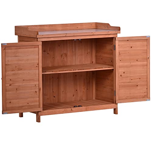 Merax 66" Outdoor Farmhouse Wooden Potting Bench Table with 2 Drawers and Cabinet, Brown U7933