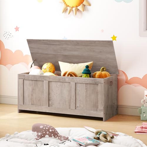 HOOBRO Storage Bench, 39.3" Retro Wooden Chest with Lift Top, White and Walnut C2921