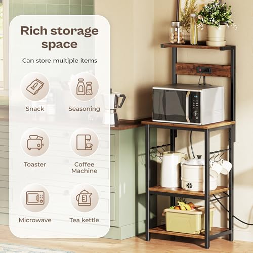 SUPERJARE Kitchen Bakers Rack with Power Outlet, Coffee Bar Table, Rustic Brown W637